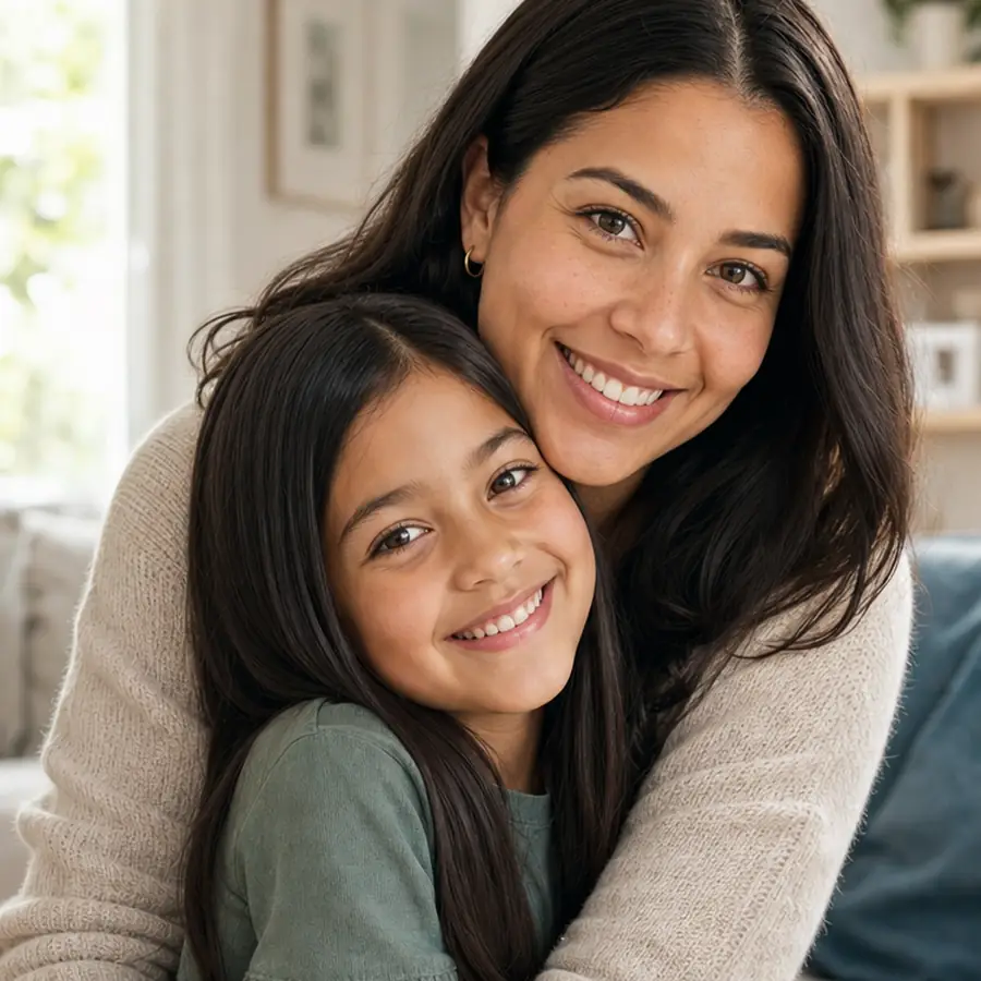 Mamá abrazando a su hija sonriente